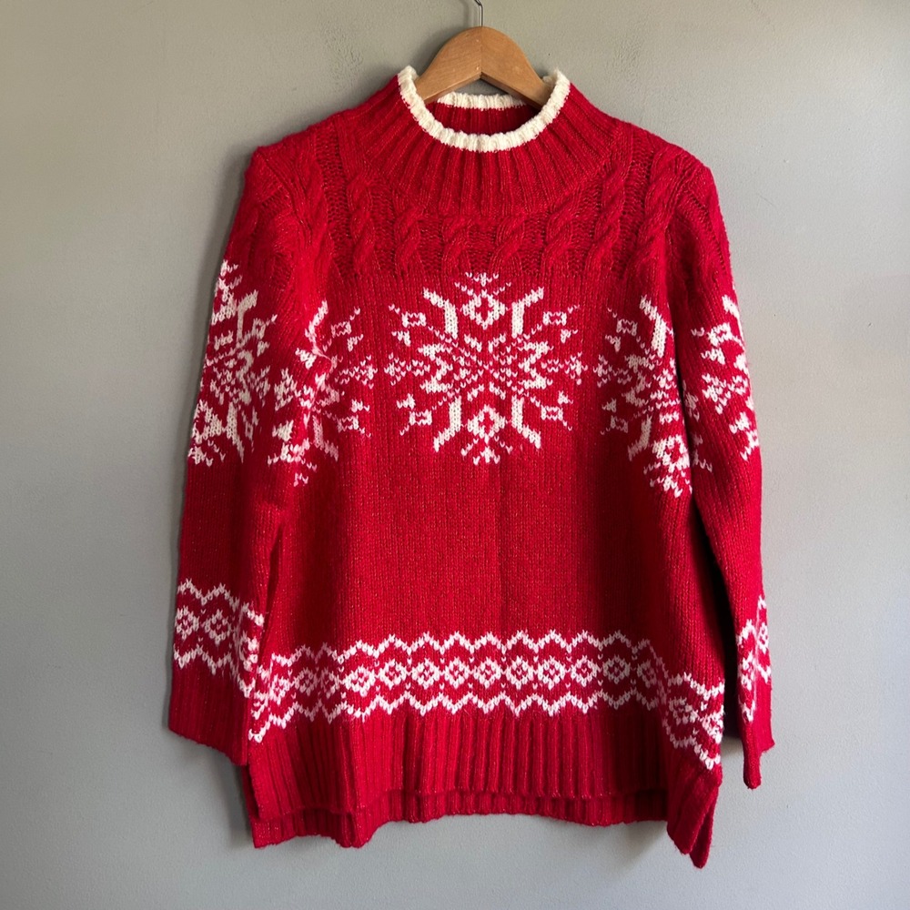 Talbots Plus Petite Red Snowflake Fair Isle Wool Blend Sweater XP Mock Neck